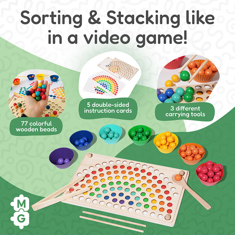 Wooden Bead Sorting Game with Tweezers, Ages 3+