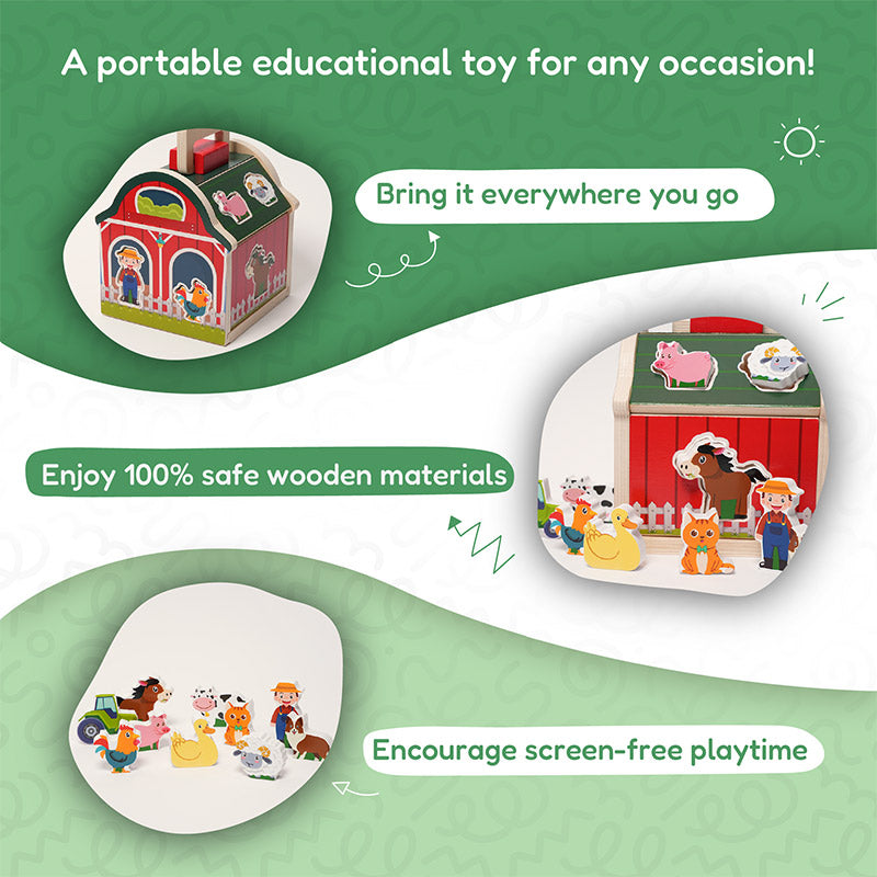 Wooden Farmhouse Shape Sorter with 10 Figures, Ages 3+
