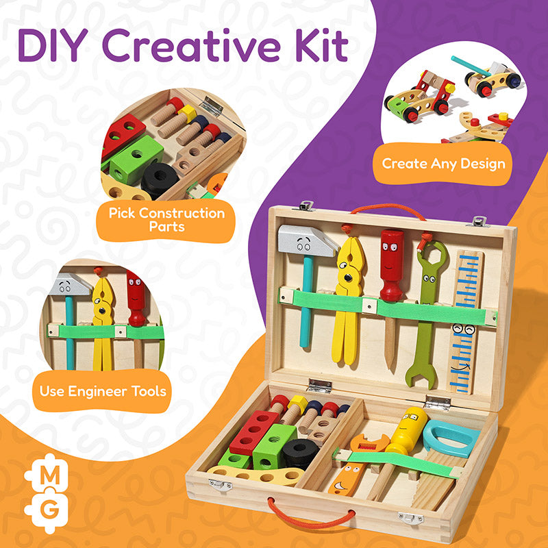 Caisse à outils en bois pour enfant, 8 outils