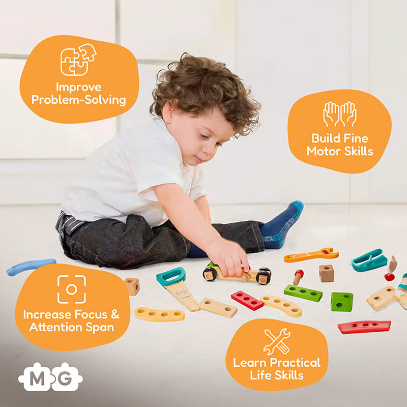 Caisse à outils en bois pour enfant, 8 outils