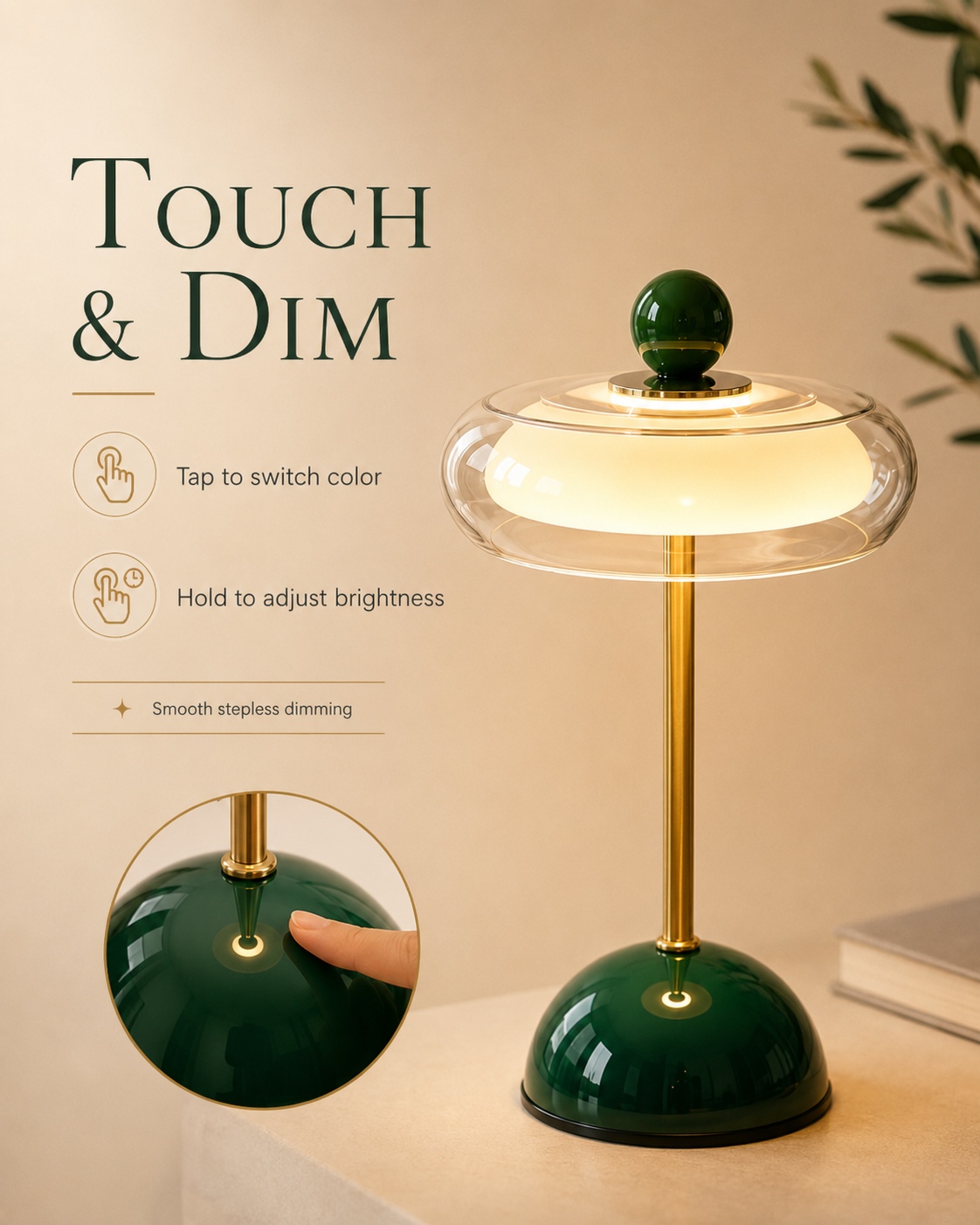 Lampe de table rechargeable en verre, style rétro