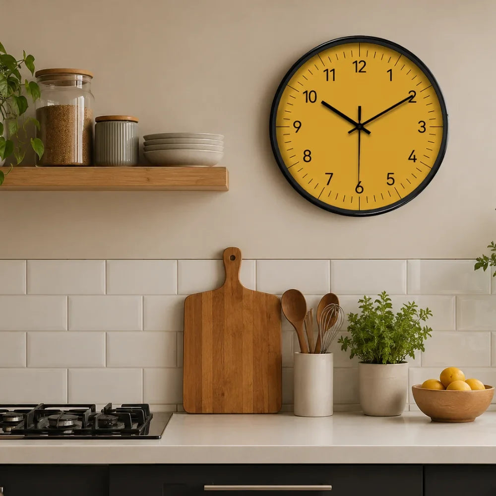 Horloge murale jaune minimaliste, mécanisme silencieux