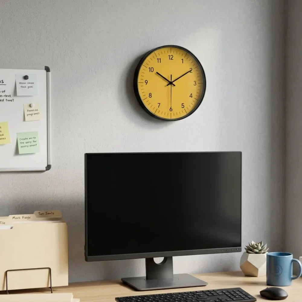Horloge murale jaune minimaliste, mécanisme silencieux
