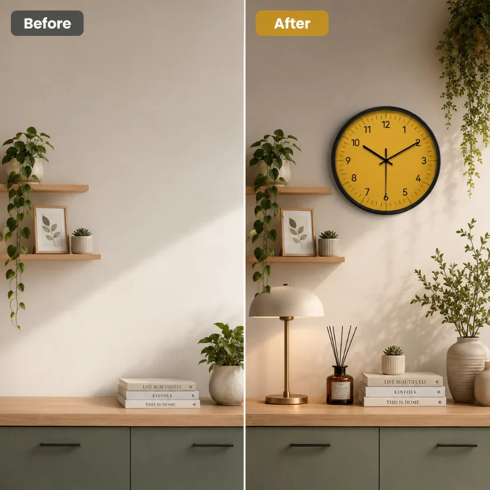 Horloge murale jaune minimaliste, mécanisme silencieux