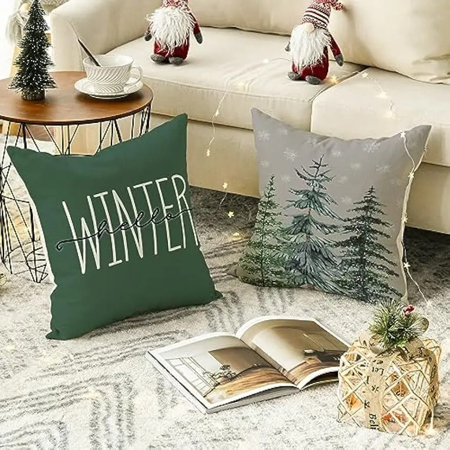 Housse de Coussin Sapin - Esprit Hiver en Coton Tissé