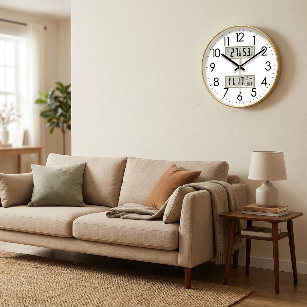 Silent Wall Clock with Calendar and Thermometer