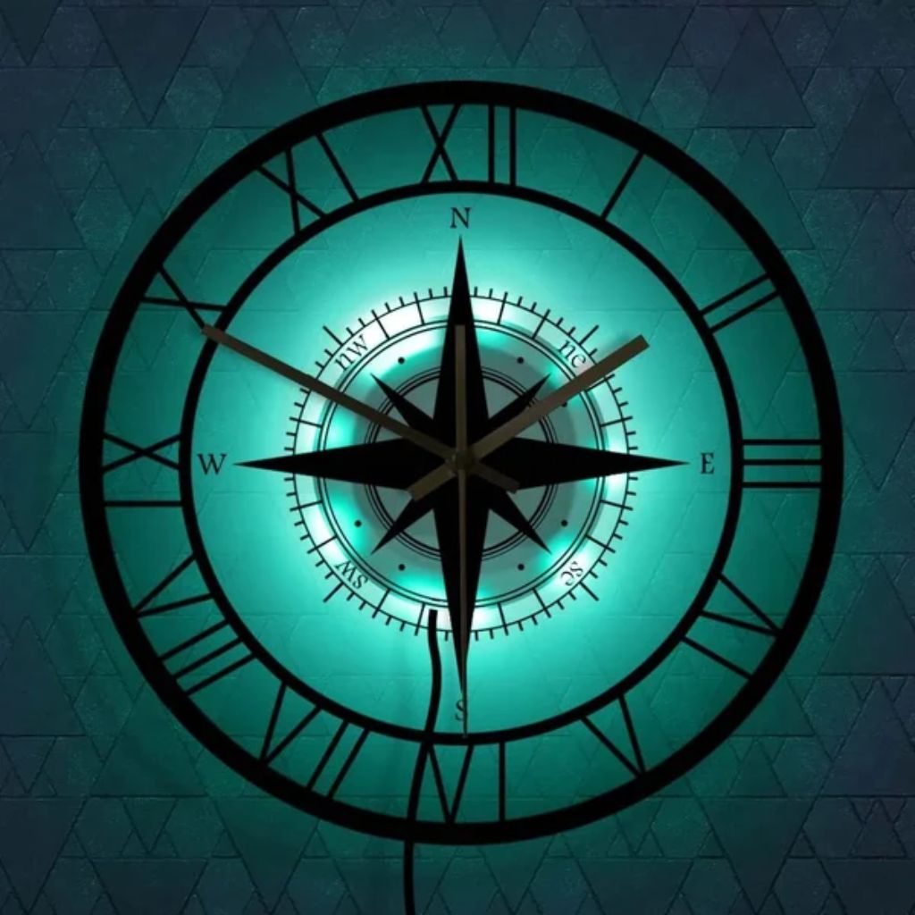 Horloge murale boussole, cadran 30 cm, mécanisme silencieux