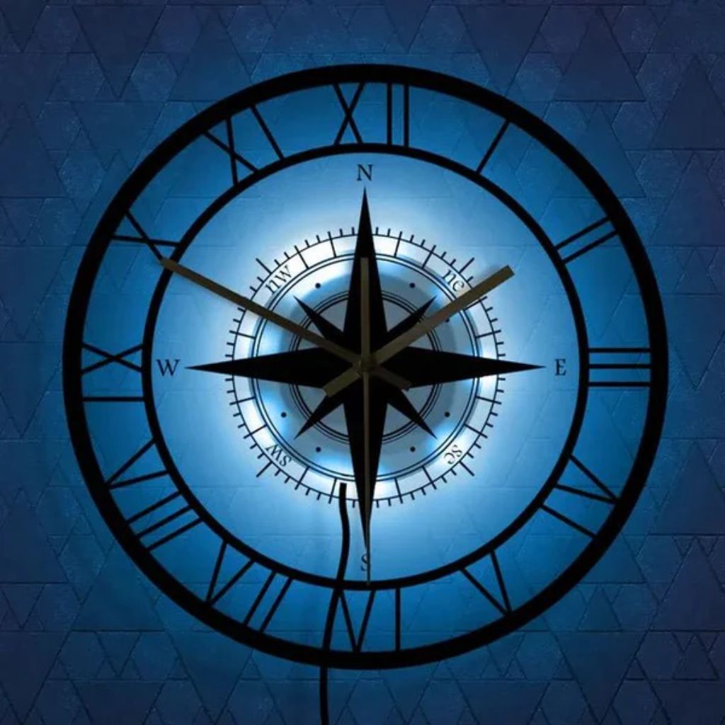Horloge murale boussole, cadran 30 cm, mécanisme silencieux
