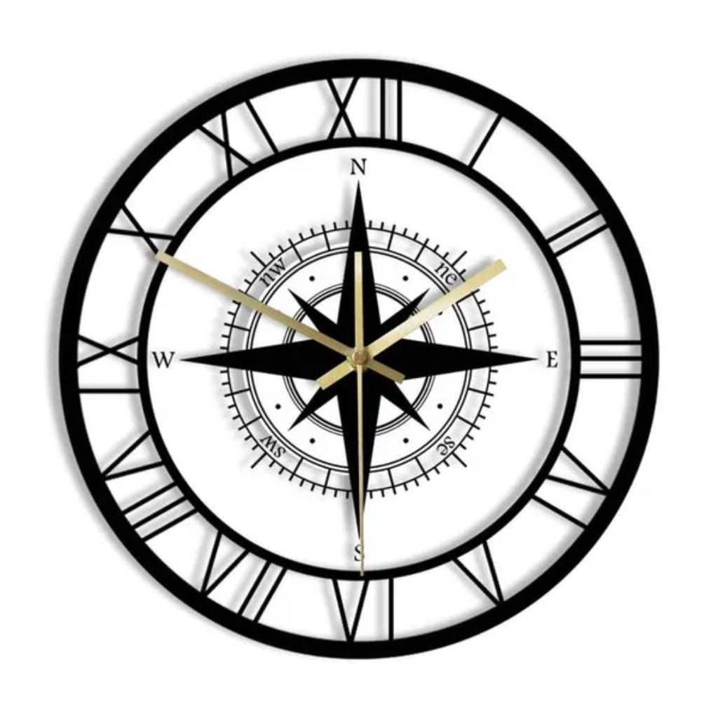 Horloge murale boussole, cadran 30 cm, mécanisme silencieux