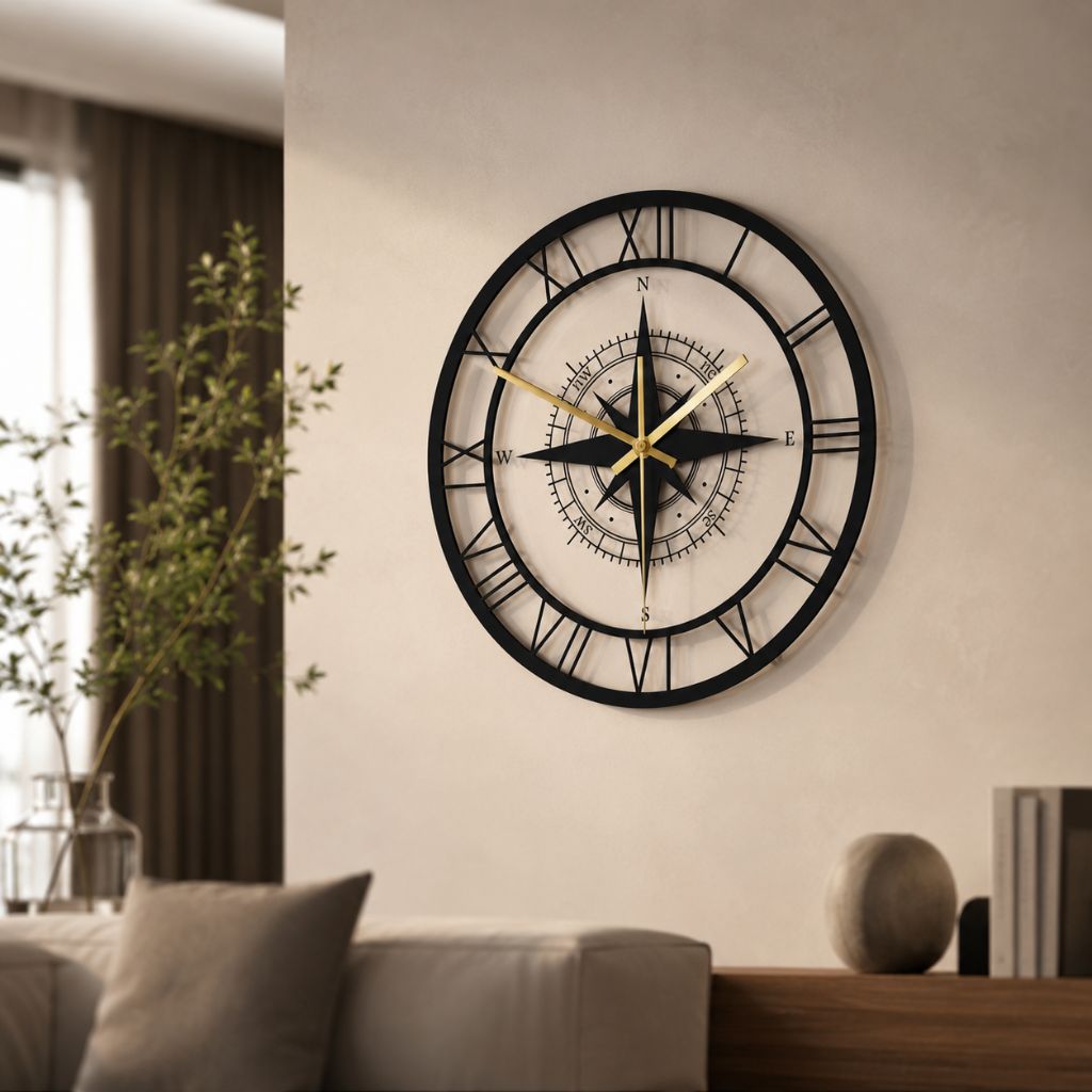 Horloge murale boussole, cadran 30 cm, mécanisme silencieux