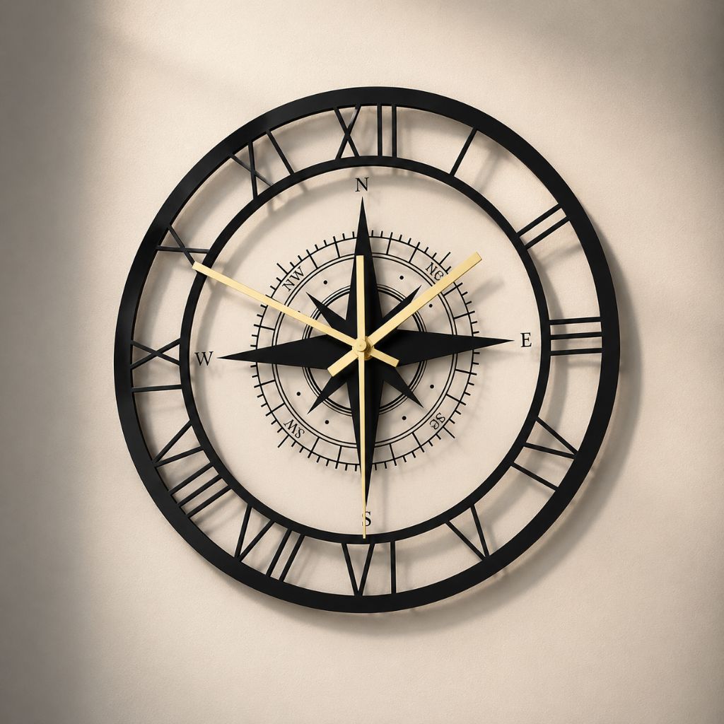 Horloge murale boussole, cadran 30 cm, mécanisme silencieux