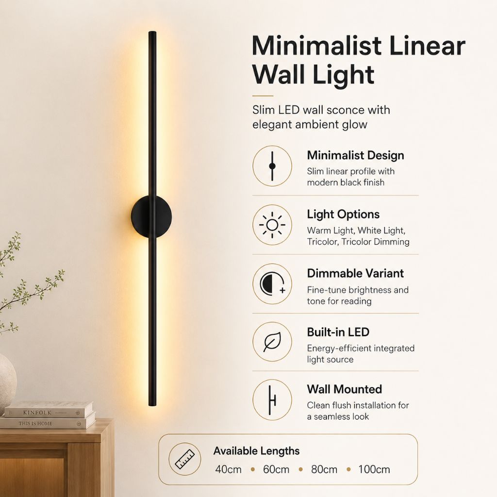 Black Linear LED Wall Light, Slim Design