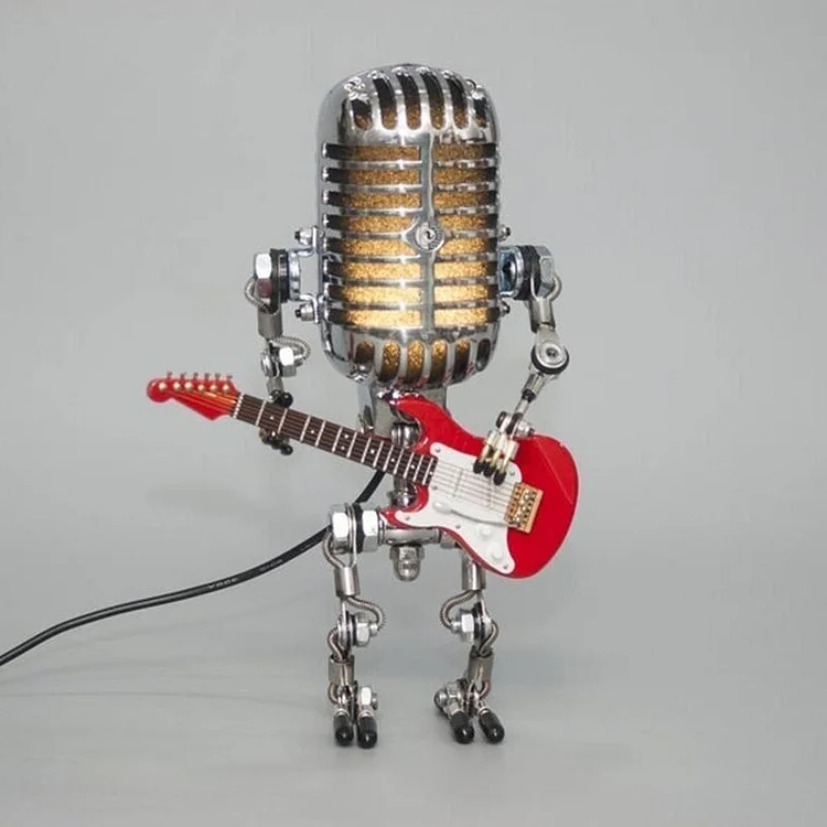 Vintage Metal Microphone Robot Lamp with Guitar