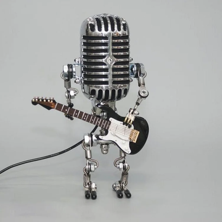 Vintage Metal Microphone Robot Lamp with Guitar