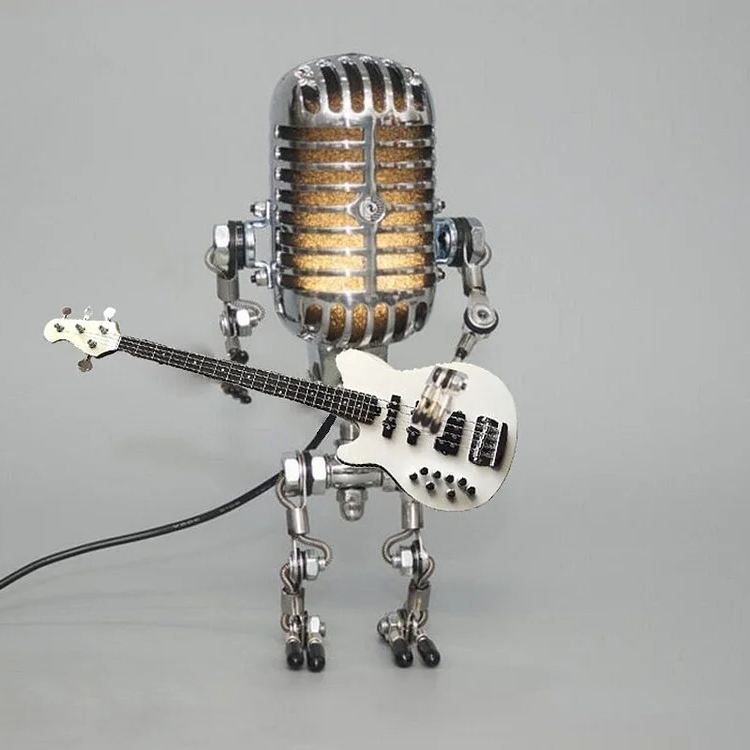 Vintage Metal Microphone Robot Lamp with Guitar
