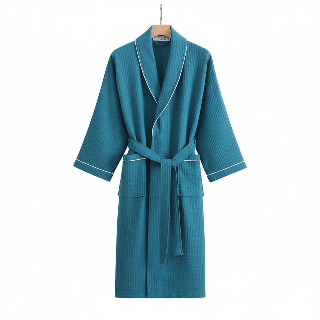 Long Sleeve Waffle Cotton Bathrobe with Tie Belt