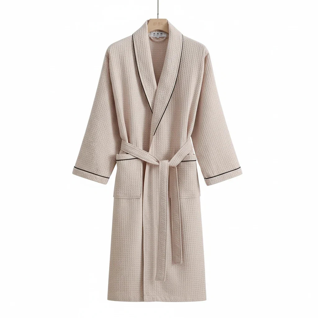 Long Sleeve Waffle Cotton Bathrobe with Tie Belt
