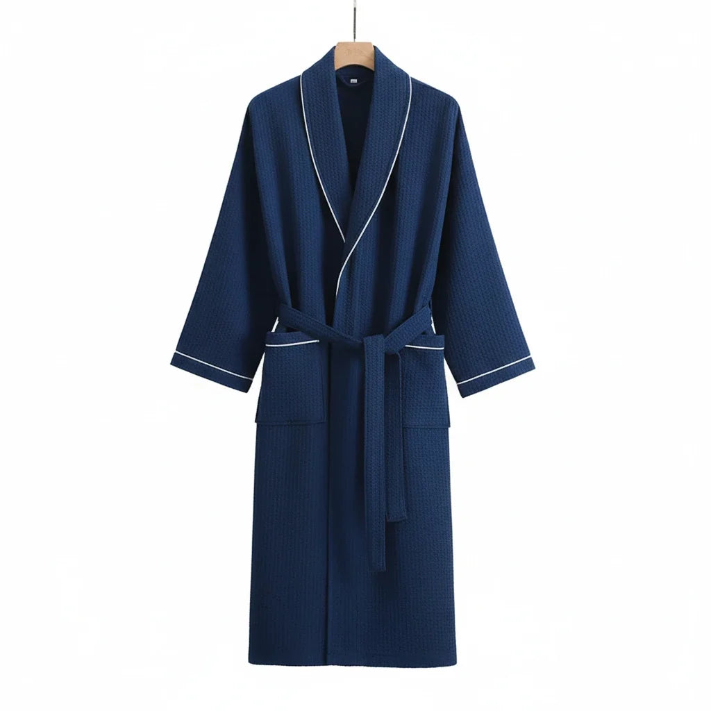 Long Sleeve Waffle Cotton Bathrobe with Tie Belt