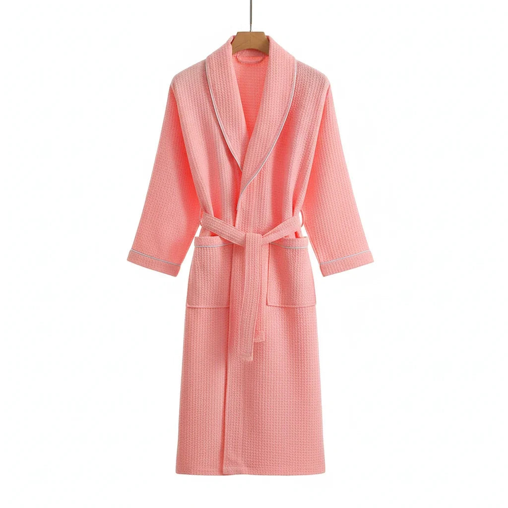 Long Sleeve Waffle Cotton Bathrobe with Tie Belt