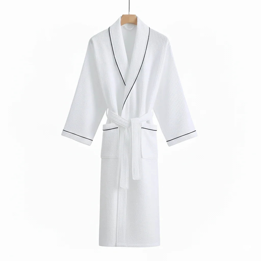 Long Sleeve Waffle Cotton Bathrobe with Tie Belt