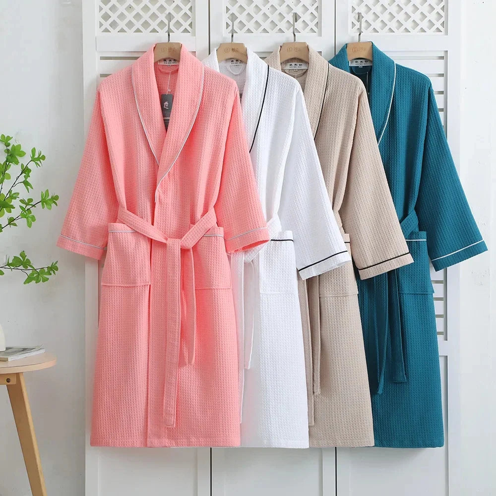 Long Sleeve Waffle Cotton Bathrobe with Tie Belt