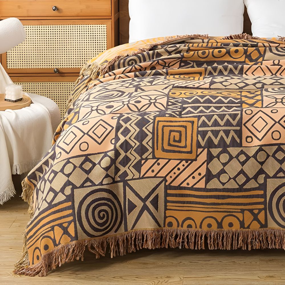 Reversible Cotton Throw, Geometric Patchwork with Fringe