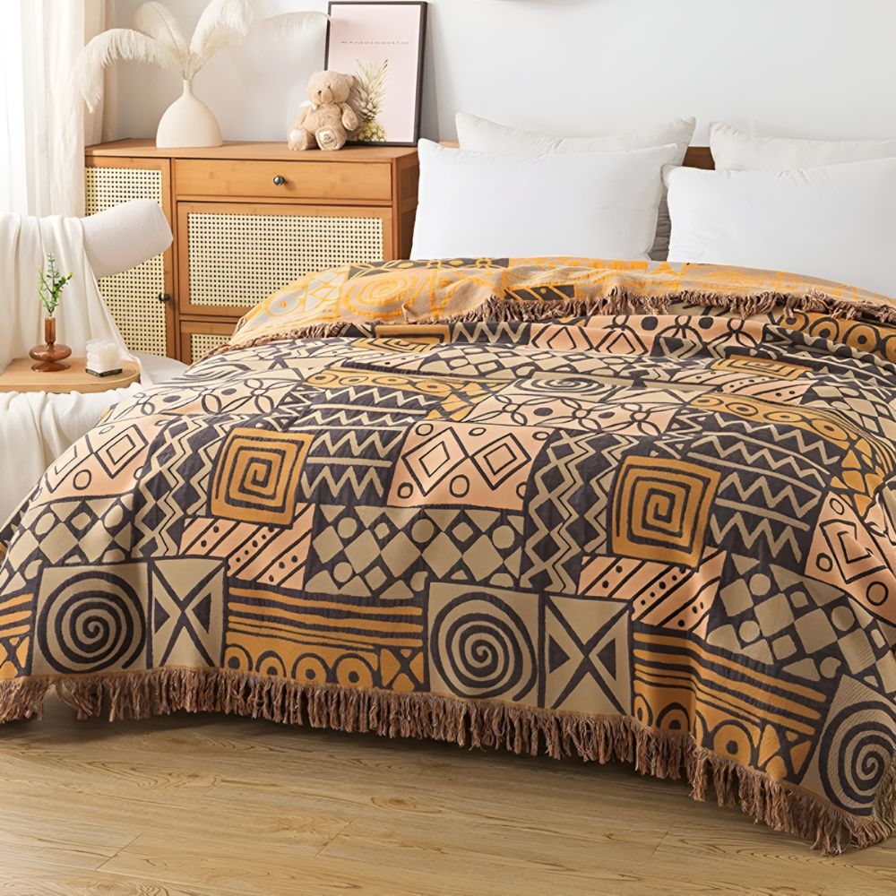Reversible Cotton Throw, Geometric Patchwork with Fringe