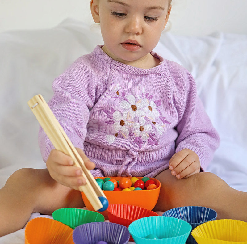 Wooden Bead Sorting Game with Tweezers, Ages 3+