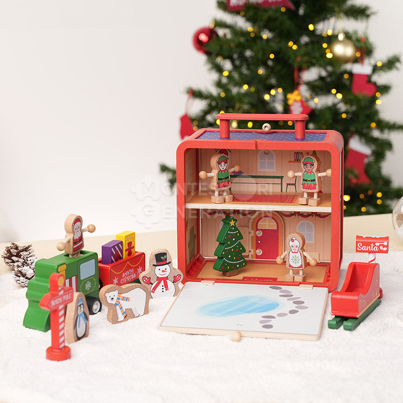 Atelier du Père Noël en bois avec 18 figurines