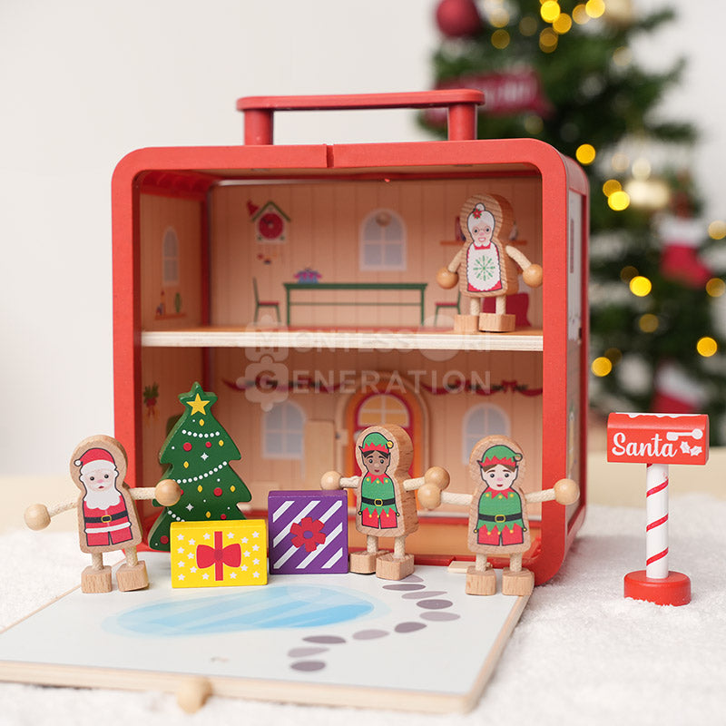 Atelier du Père Noël en bois avec 18 figurines