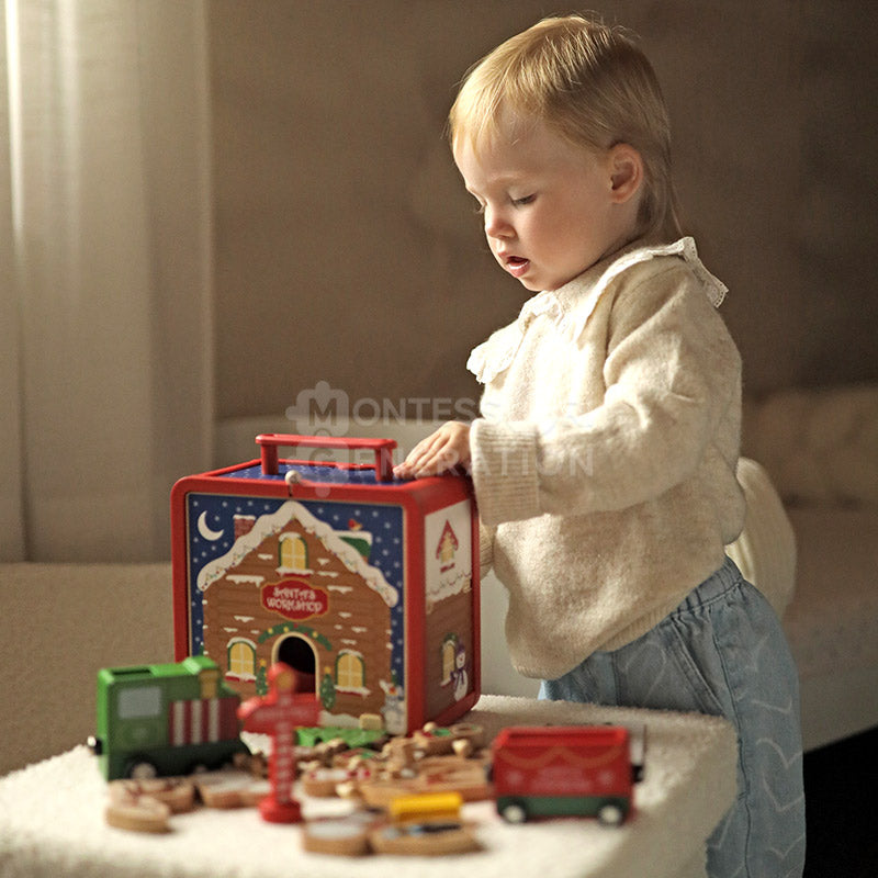 Atelier du Père Noël en bois avec 18 figurines
