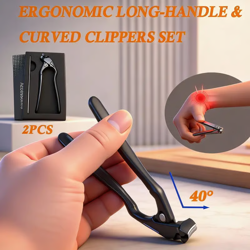 Curved Blade Nail Clipper with Long Lever, Black