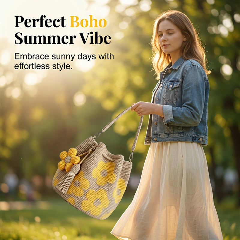 Women's Crochet Bucket Bag, Sunflower Pattern