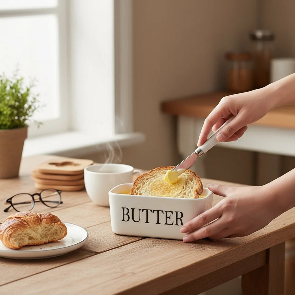Ceramic and Bamboo Butter Dish with Knife