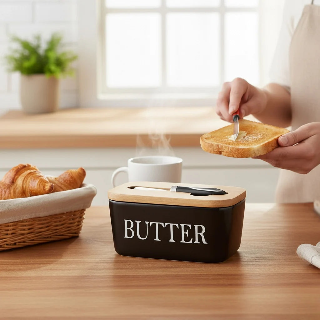 Ceramic and Bamboo Butter Dish with Knife