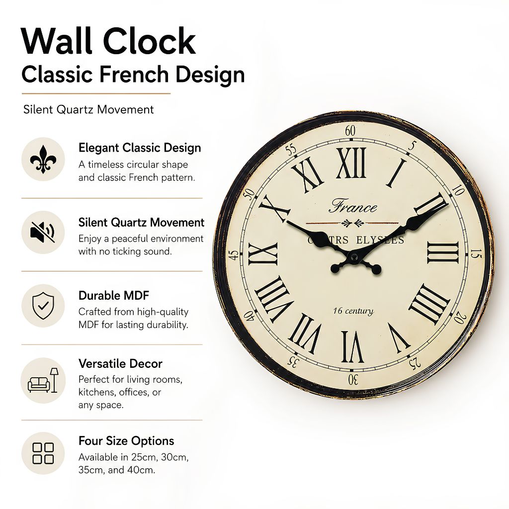 Horloge murale classique, motif français, silencieuse