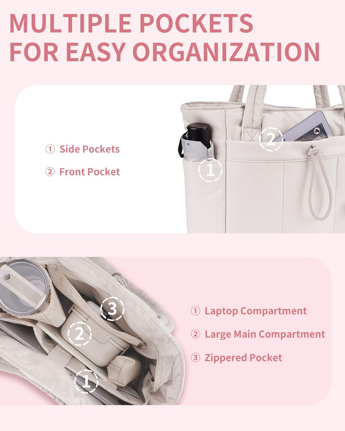 Sac cabas matelassé avec porte-gobelet et poche PC