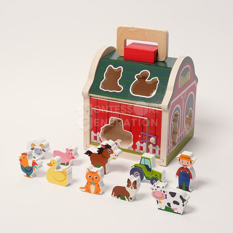 Wooden Farmhouse Shape Sorter with 10 Figures, Ages 3+