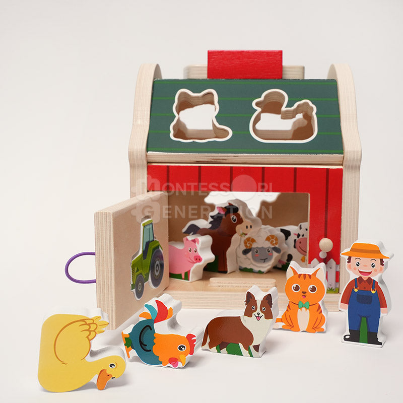 Wooden Farmhouse Shape Sorter with 10 Figures, Ages 3+