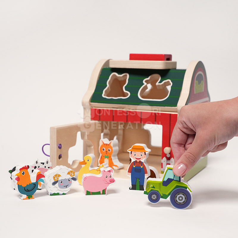 Wooden Farmhouse Shape Sorter with 10 Figures, Ages 3+