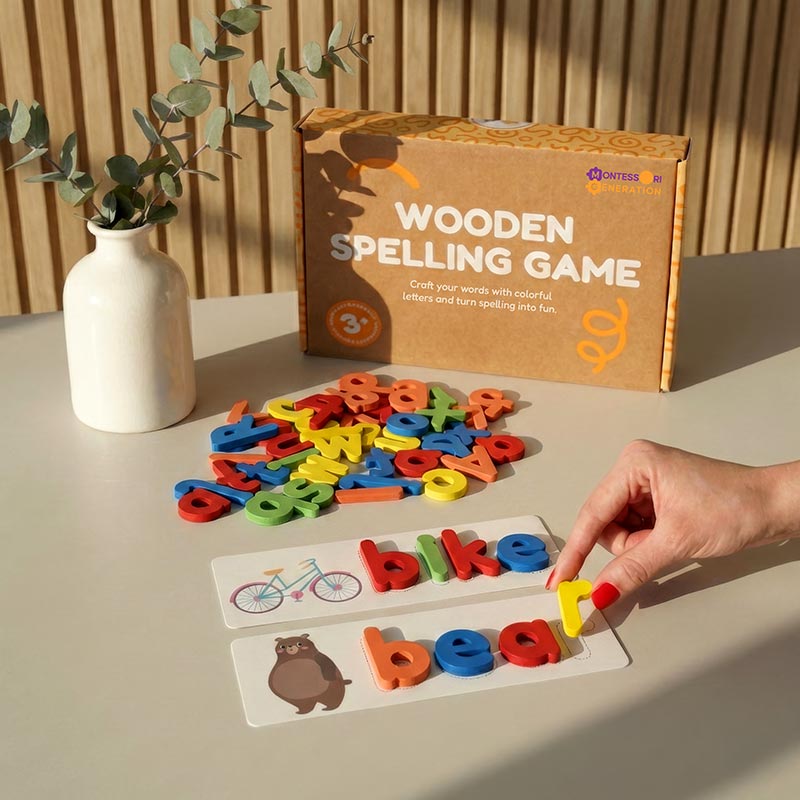 Jeu de lettres en bois avec 28 cartes images