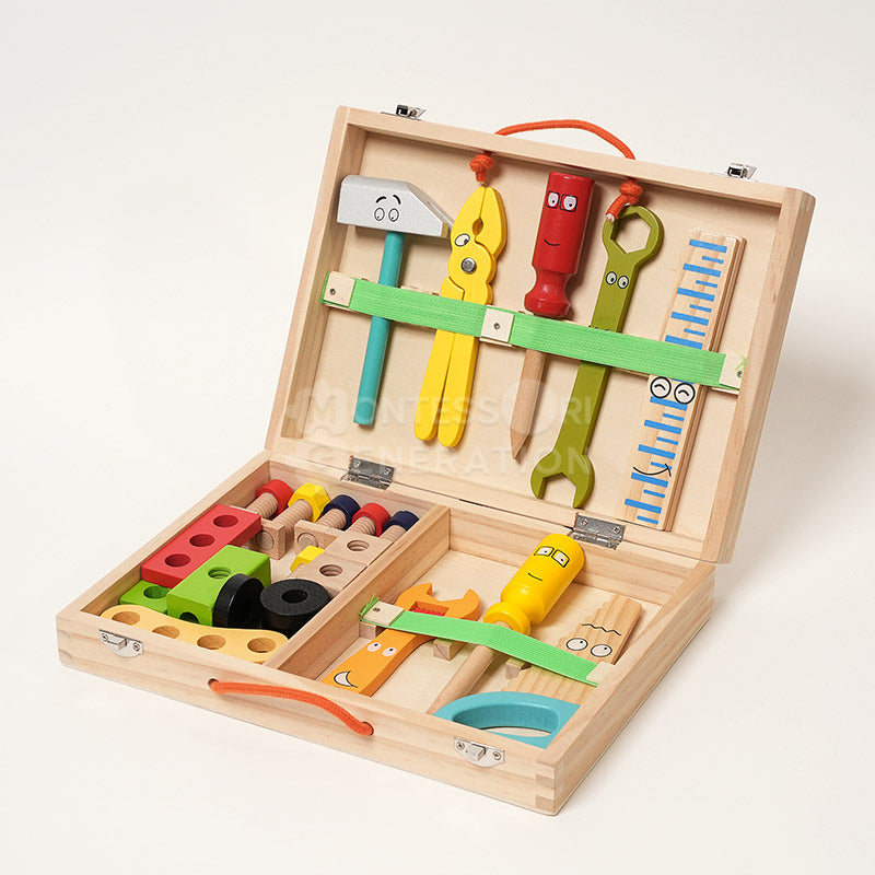 Caisse à outils en bois pour enfant, 8 outils