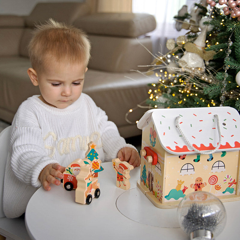 Maison de Noël pliable en bois et 7 figurines
