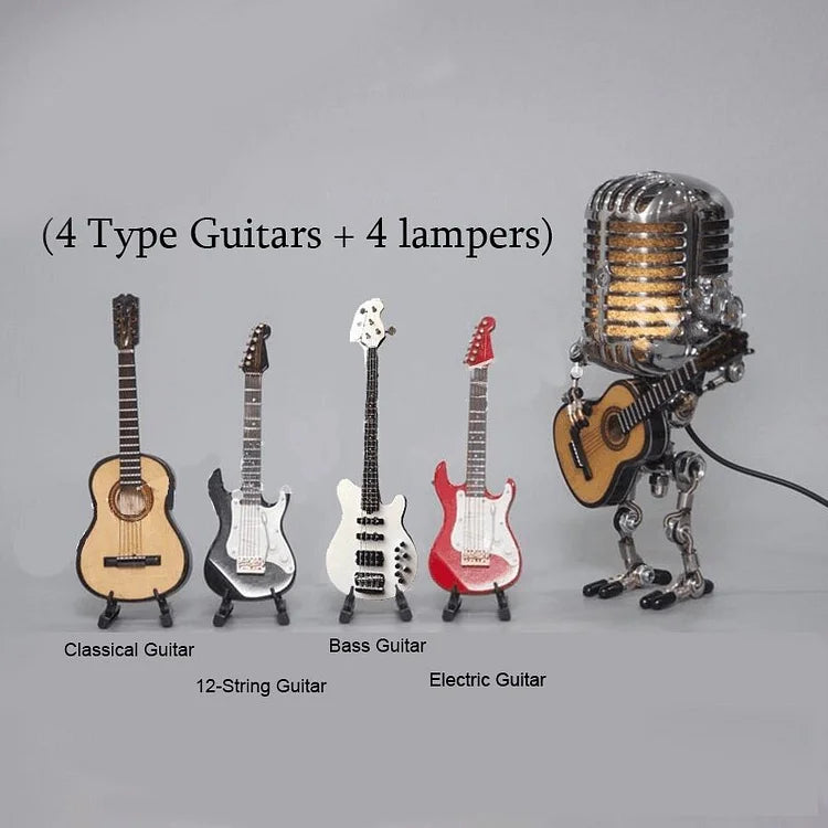 Vintage Metal Microphone Robot Lamp with Guitar