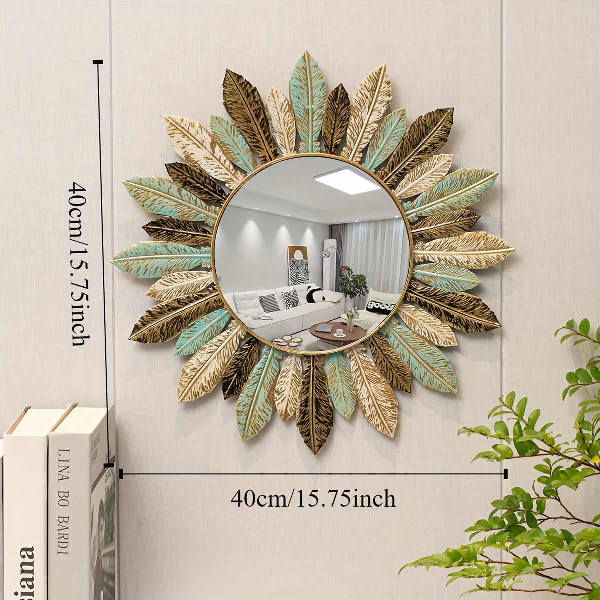 Teal and Gold Leaf Sunburst Wall Mirror in Metal