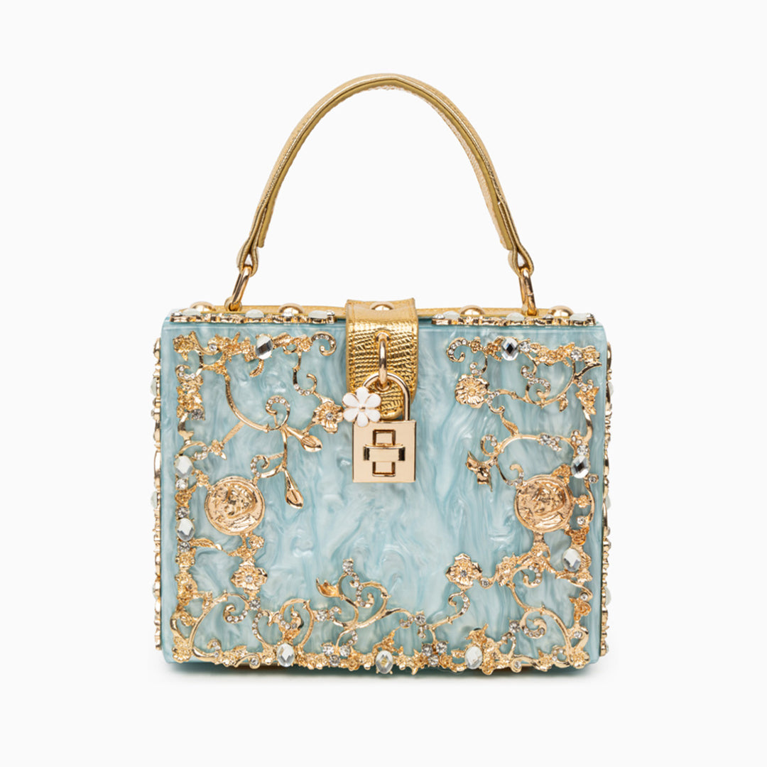 Sac boîte en acrylique à ornements floraux dorés