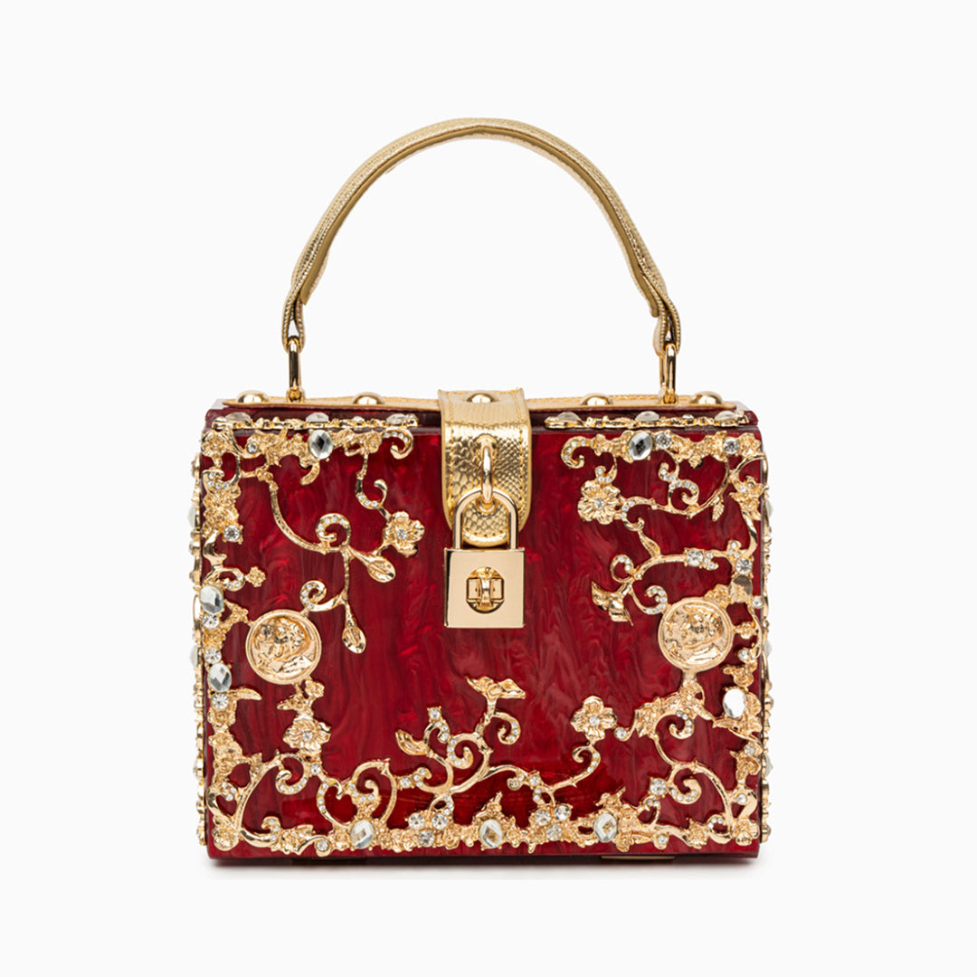 Sac boîte en acrylique à ornements floraux dorés