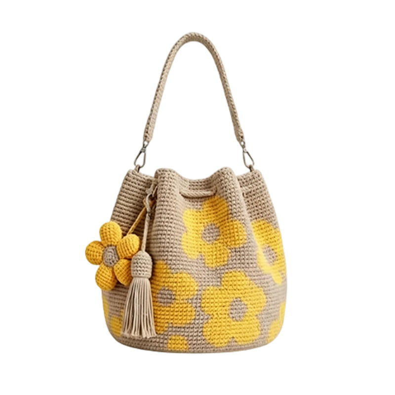 Women's Crochet Bucket Bag, Sunflower Pattern
