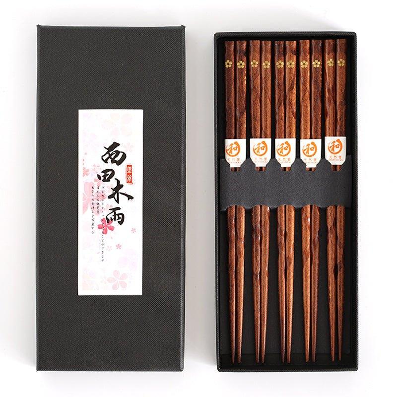 Wooden Chopsticks with Golden Sakura Motif, Set of 5 Pairs