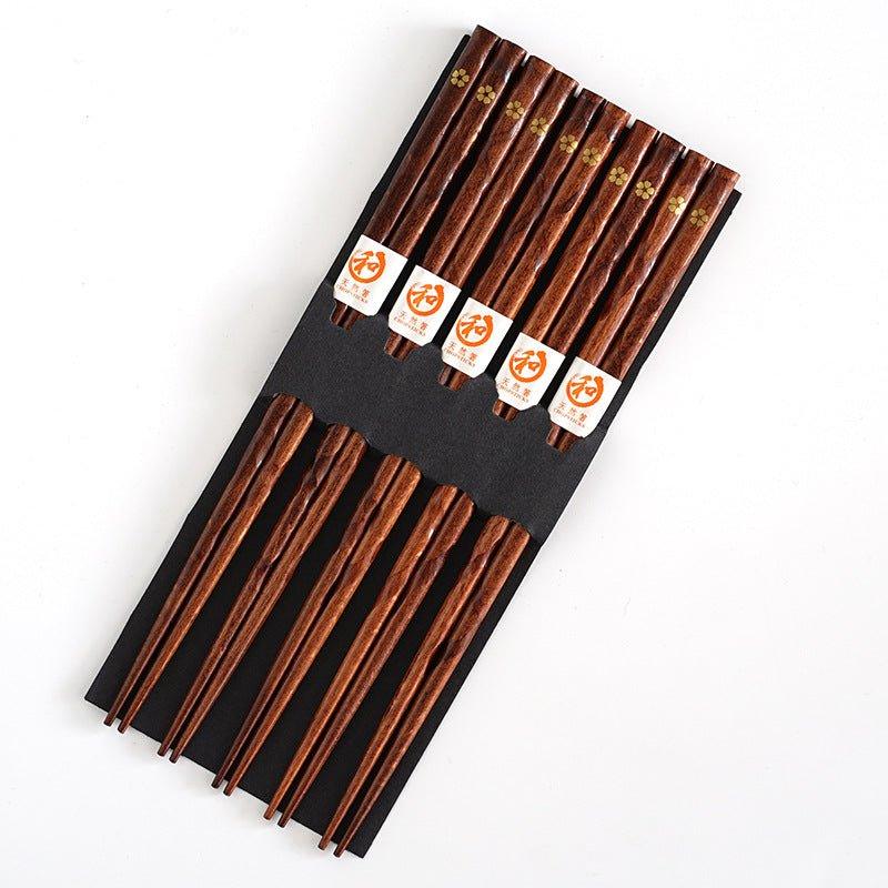Wooden Chopsticks with Golden Sakura Motif, Set of 5 Pairs